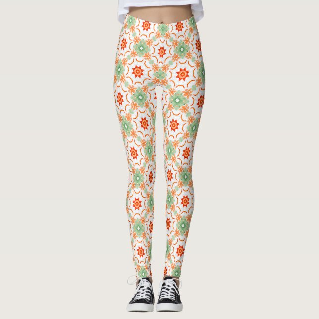Leggings Vibrant Green & Terracotta Floral Diamond Pattern  (Anverso)