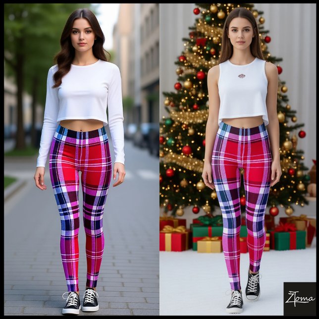 Leggings Vibrant Red Pink Aqua Modern Plaid (Subido por el creador)