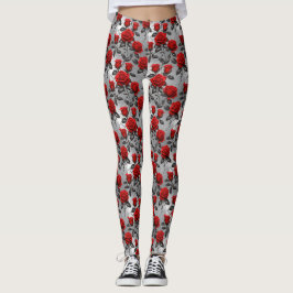 Leggings Vibrant Red Roses On A Metallic Silver Background 
