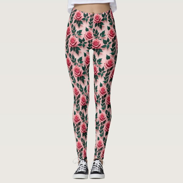 Leggings Vibrant Red Roses With Dark Green Leaves  (Anverso)