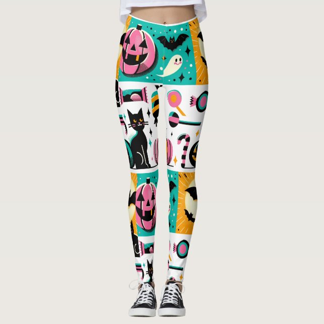 Leggings Vibrant Retro Halloween Collage Pink Pumpkin Black (Anverso)