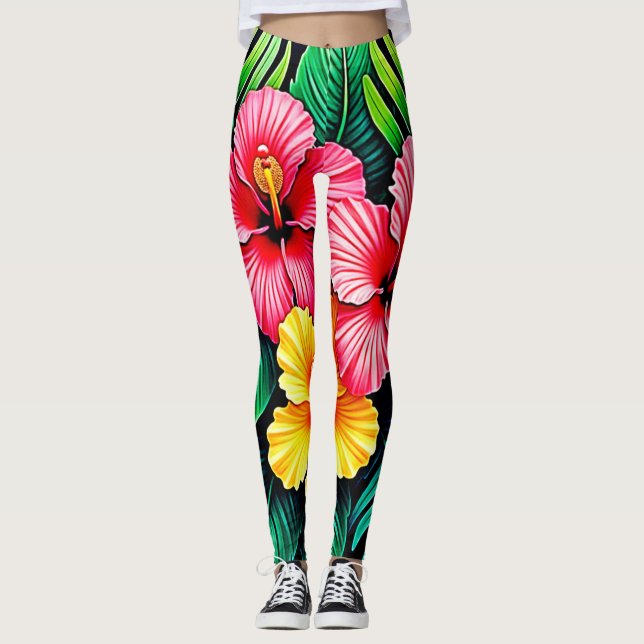 Leggings Vibrante arte tropical hibiscus (Anverso)