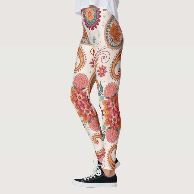 Leggings Vibrante Boho Paisley blanco Patrón floral  (Izquierda)