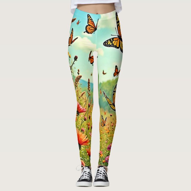 Leggings Vibrante diseño de mariposa de flores silvestres (Anverso)