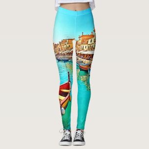 Leggings Vibrante diseño de vida portuaria mediterránea