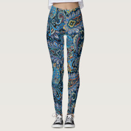 Leggings Vibrante patrón de paisley azul sobre negro