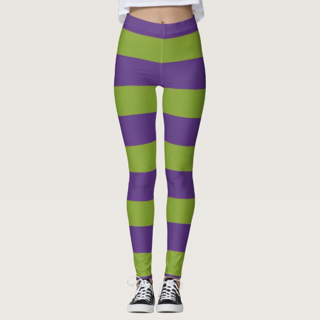 Leggings Vibrante púrpura lima verde rayada bruja Halloween (Anverso)