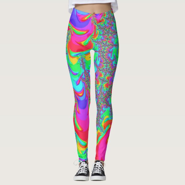 Leggings Vibrante retro trippy Neon Rainbow Fractal Art (Anverso)