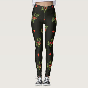 Leggings Vintage Christmas Holly Leaks and Stars Pattern
