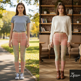 Leggings Vintage Coral Sage Green Plaid Texture