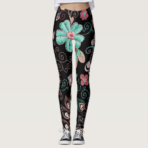 Leggings Vintage Floral Embroidery Dark Pattern
