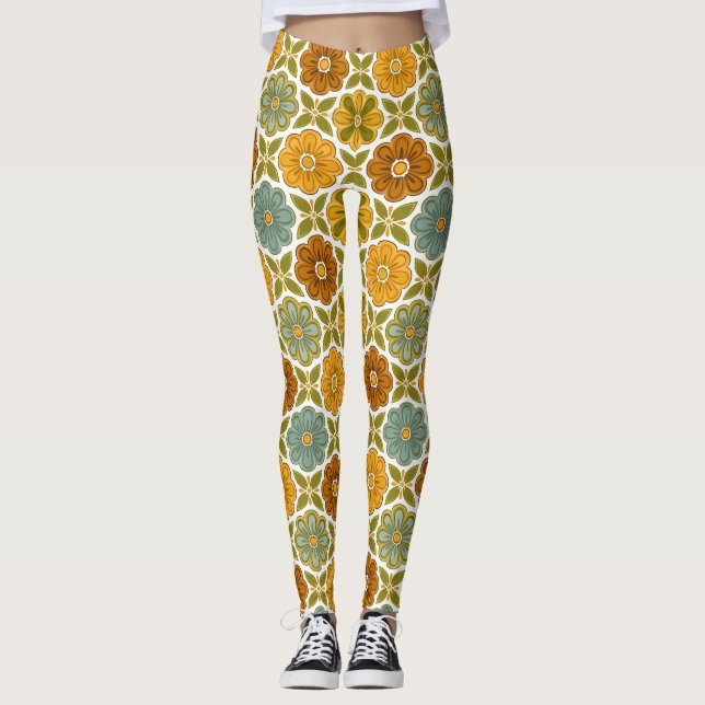 Leggings Vintage Floral Pattern | 70's Sage & Ochre (Anverso)