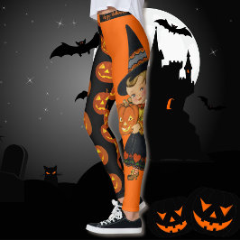 Leggings Vintage Happy Halloween Witch w Pumpkin Fun Fiesta