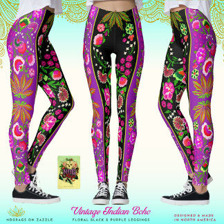 Leggings Vintage Indian Boho Floral Black & Purple