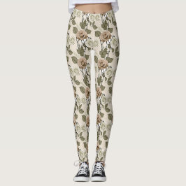 Leggings Vintage Inspired Sepia Roses With Green Leaves