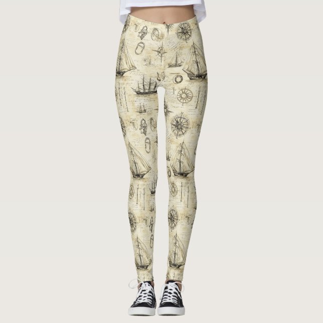 Leggings Vintage Nautical Map Pattern with Ships & Compass (Anverso)
