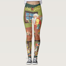 Leggings Vintage Navidad Santa con elfos en el taller