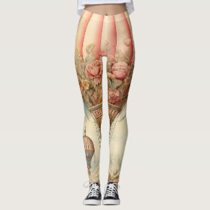 Leggings Vintage Steampunk Pink Floral Hot Air Balloon