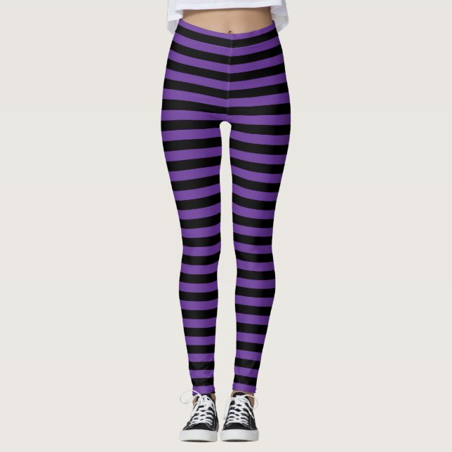 Leggings Violeta rayada y bruja malvada de Halloween negra (Anverso)