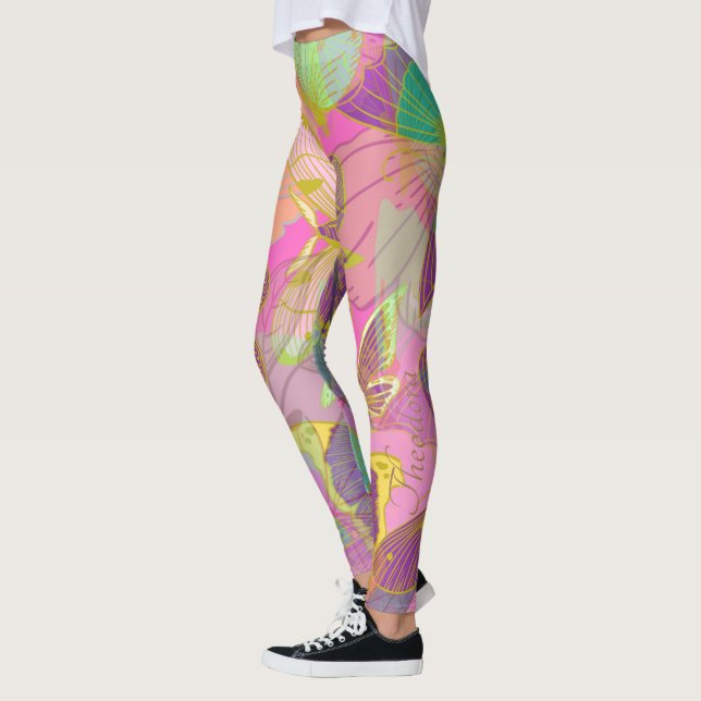 Leggings Violeta turquesa con mariposa dorada de moda (Izquierda)