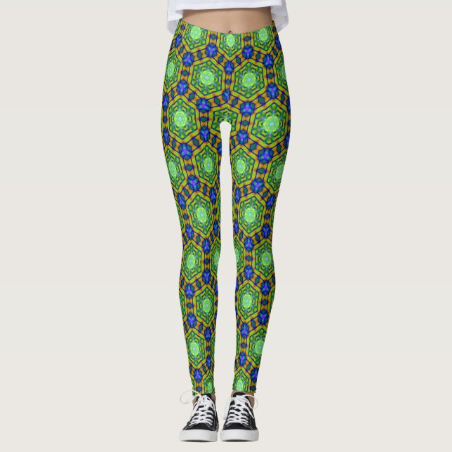 Leggings Visión del hexágono verde azul geométrico (Anverso)