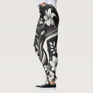 Leggings Viste de gimnasio floral blanco y negro