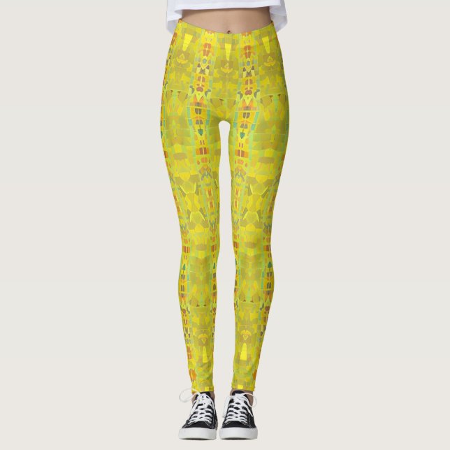Leggings Voces de diseño geométrico del mosaico verde dorad (Anverso)