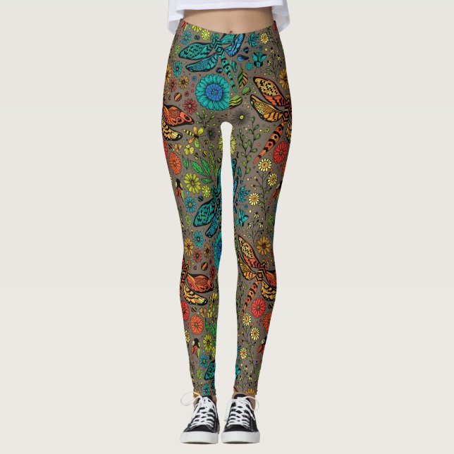 Leggings Volar, volar libélula sobre marrón (Anverso)