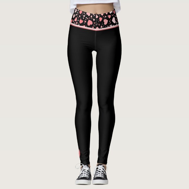 Leggings Waistband del corazón rosado en negro (Anverso)