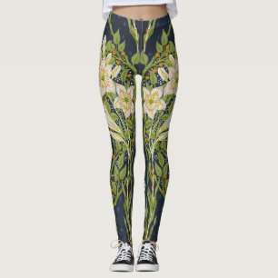 Leggings Walter Crane Vintage Navy Patrón de Lirio Blanco