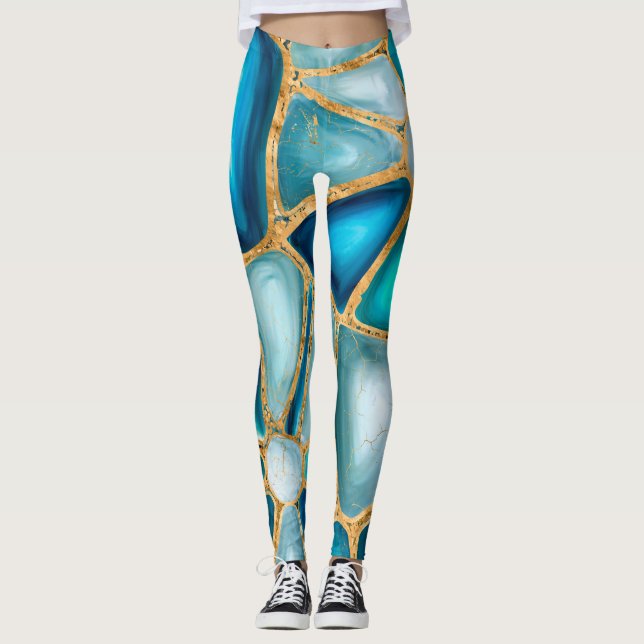 Leggings Watercolor and gold cells - ocean (Anverso)
