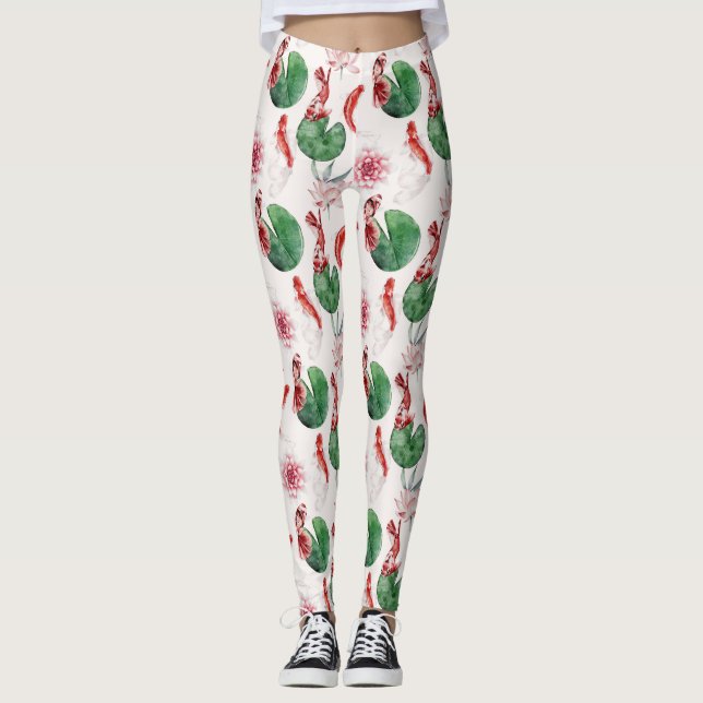 Leggings Watercolor japonés Art Koi Fish Lotus Pad (Anverso)