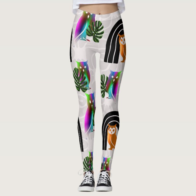 Leggings Whimsical Boho Owl & Tropical Monstera Leaf (Anverso)