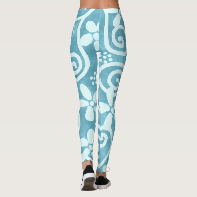 Leggings Whimsical Flowers & Swirls Blue White Pattern  (Reverso)