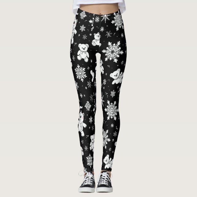 Leggings White Teddy Bear & Snowflake Seamless Pattern (Anverso)