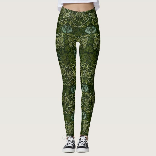 Leggings William Morris Gran Hojas Verdes y Flor Azul (Anverso)