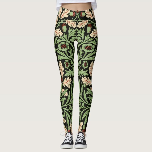 Leggings William Morris Roble Antiguo Patrón Rojo Negro (Anverso)