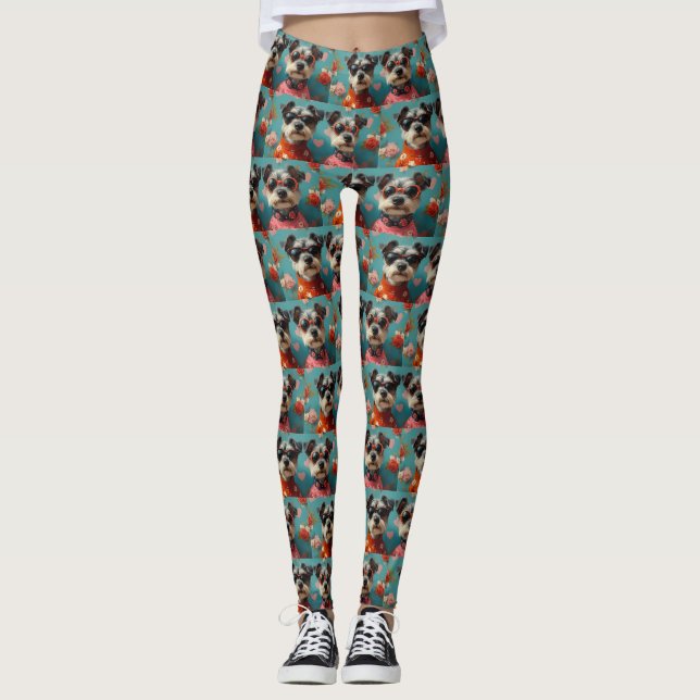 Leggings Wire Fox Terrier con rosas del corazón Día de San  (Anverso)
