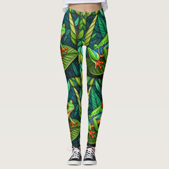 Leggings with vibrant green leaves and colorful  (Anverso)