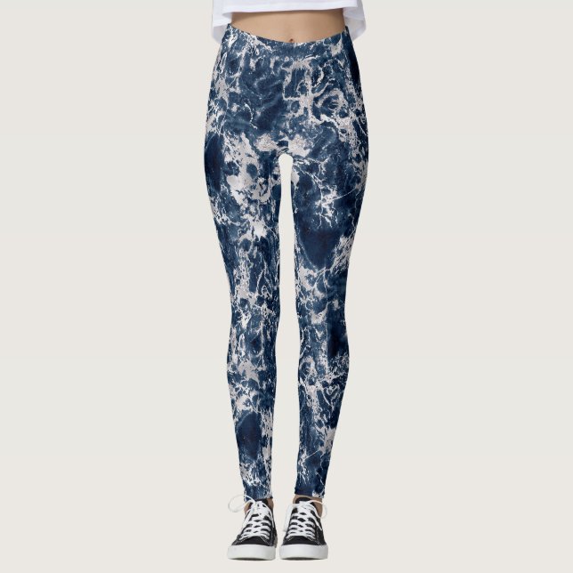 Leggings Women - Blue and Silver Marble Pattern (Anverso)