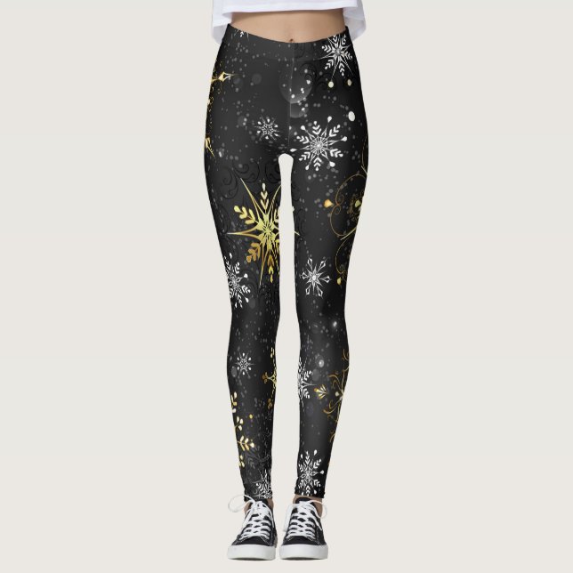 Leggings Xmas copos de nieve dorados sobre fondo negro (Anverso)