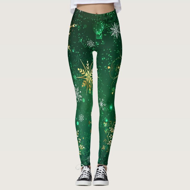 Leggings Xmas copos de nieve dorados sobre fondo verde (Anverso)