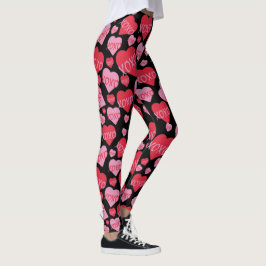 Leggings XOXO Love Pink Red Heart Pattern Valentine Black