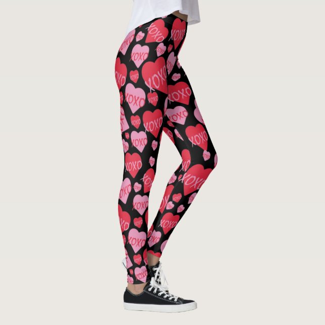 Leggings XOXO Love Pink Red Heart Pattern Valentine Black (Derecha)
