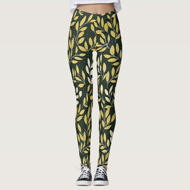 Leggings Yellow and Cream Leafy Branches Pattern  (Anverso)