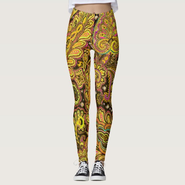 Leggings Yellow Paisley Design on Black (Anverso)