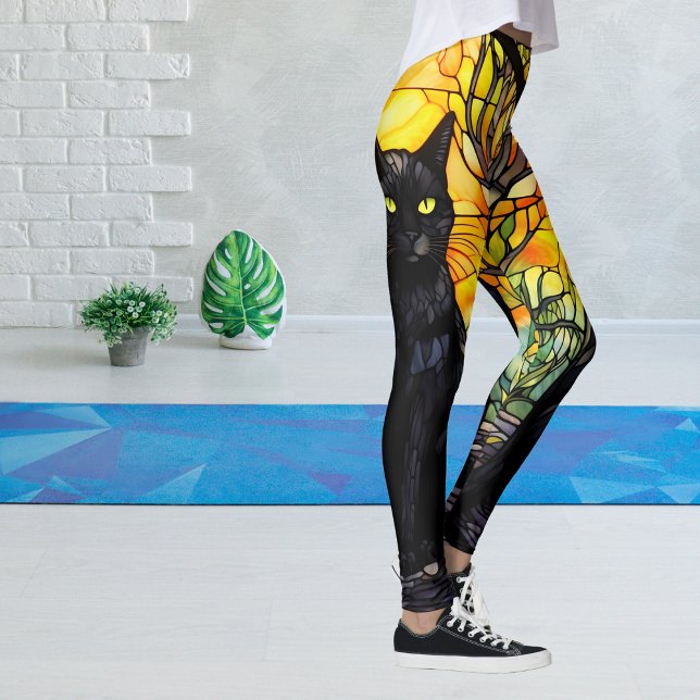 Leggings Yoga Amarillo de vidrio manchado negro para gato (Black Cat Lover Stained Glass Leggings)