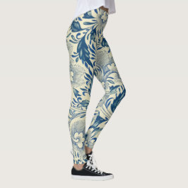 Leggings Yoga Antiguo Patrón de Flor Azul y Blanco Oriental