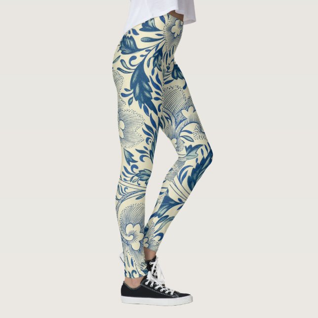 Leggings Yoga Antiguo Patrón de Flor Azul y Blanco Oriental (Derecha)