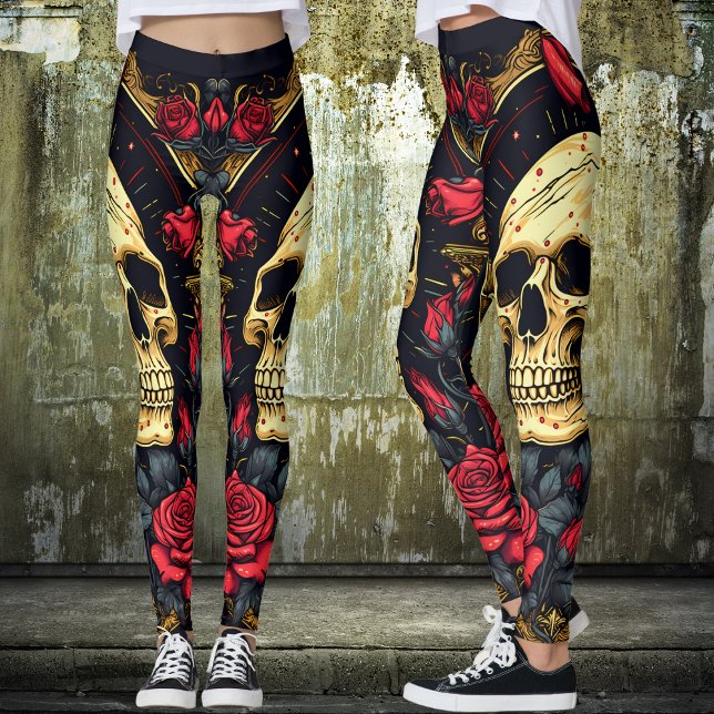 Leggings Yoga de Halloween con cráneo gótico de Roses rojos (Tattoo Skull and Roses Yoga Leggings Set the Mood for Halloween or any time of year.)